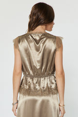 Metallic Satin Lace Trim Cap Sleeve Peplum Blouse Ash Brown