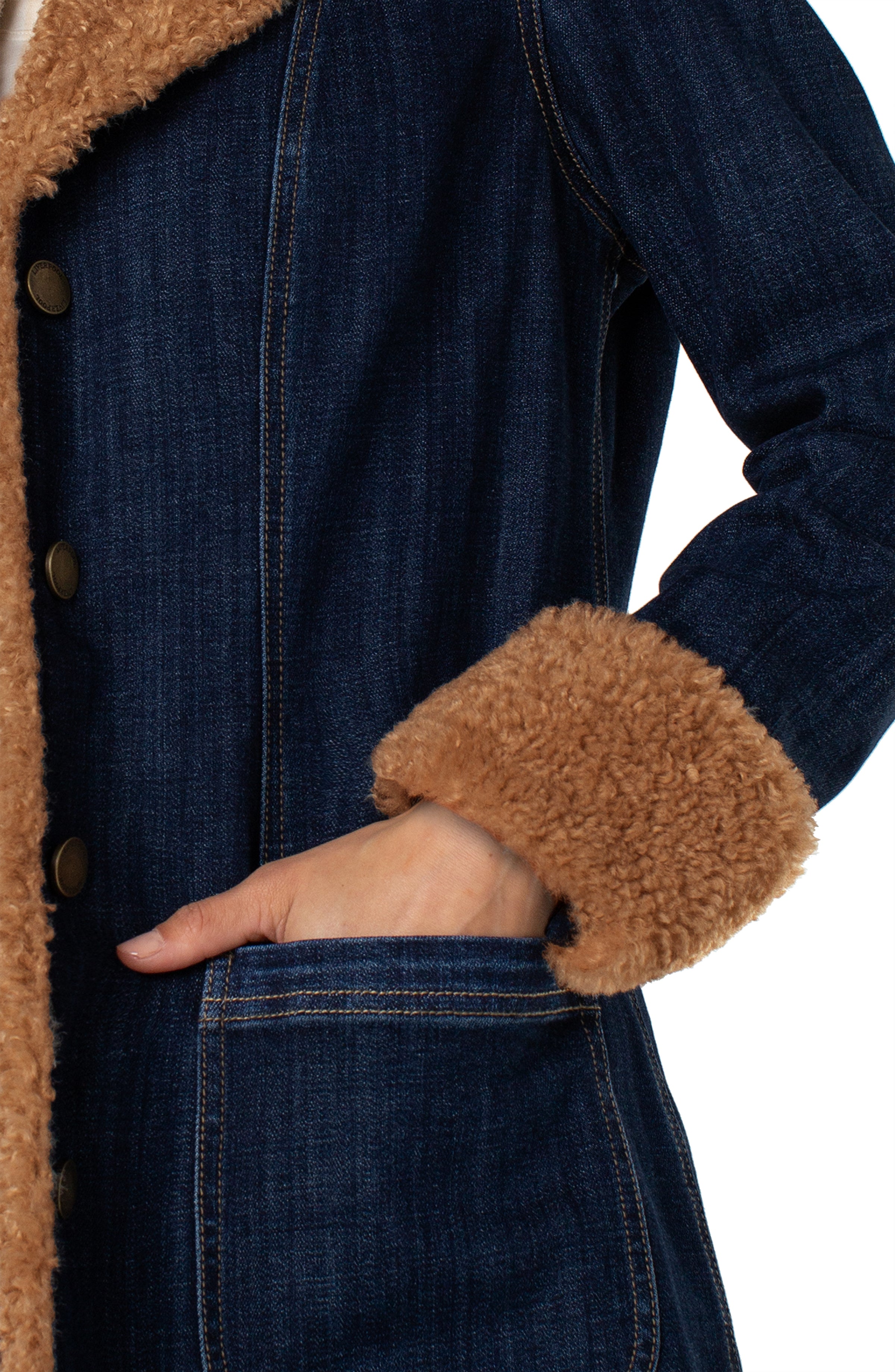 Sherpa Trimmed Notch Collar Long Denim Jacket Cinder Bloom