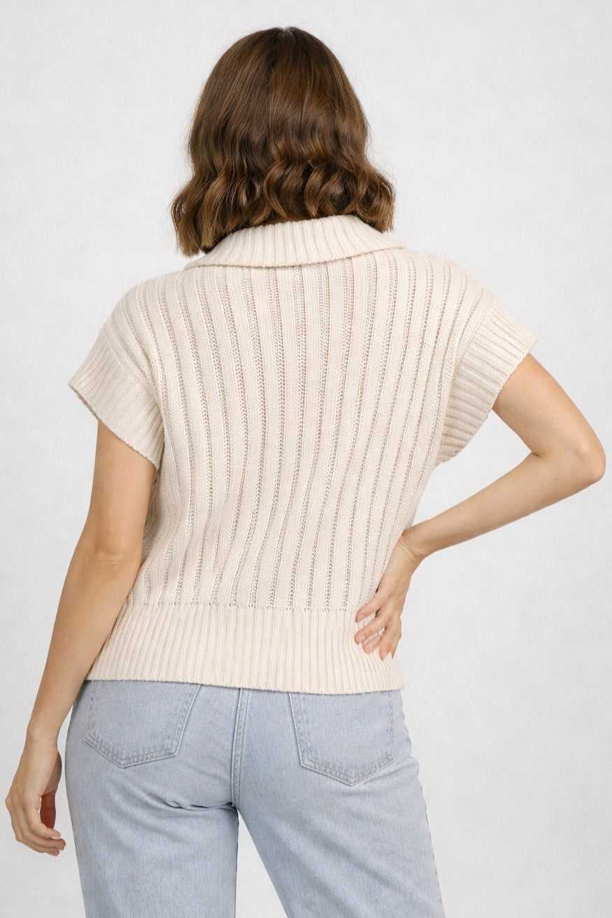 Open Knit 3/4 Zip Sweater Vest Ivory