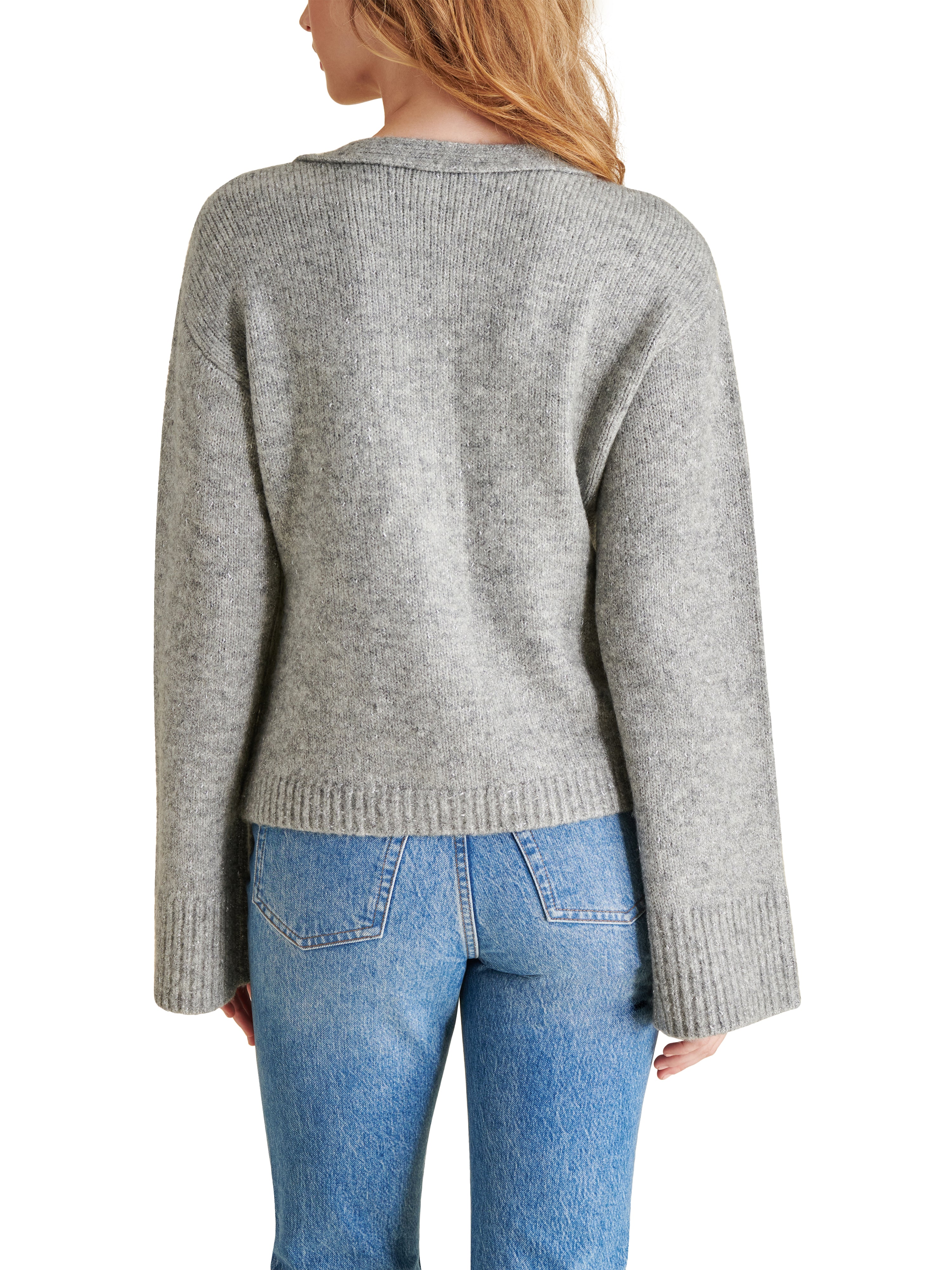 Odelia Flare Sleeve Metallic Knit Buttoned Cardi Grey