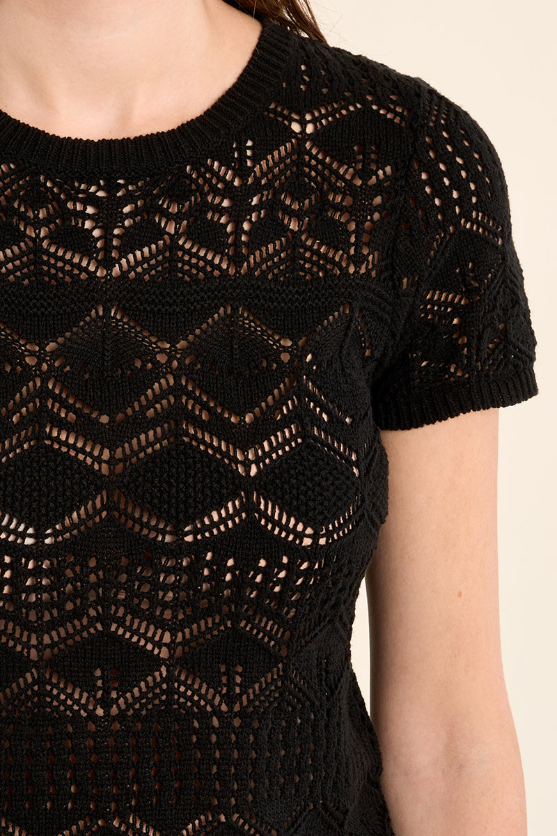 Open Crochet Knit Short Sleeve Top Black