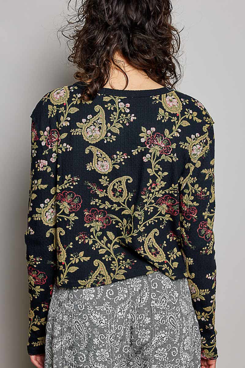 Botanical Cottage Button Detail Top Black