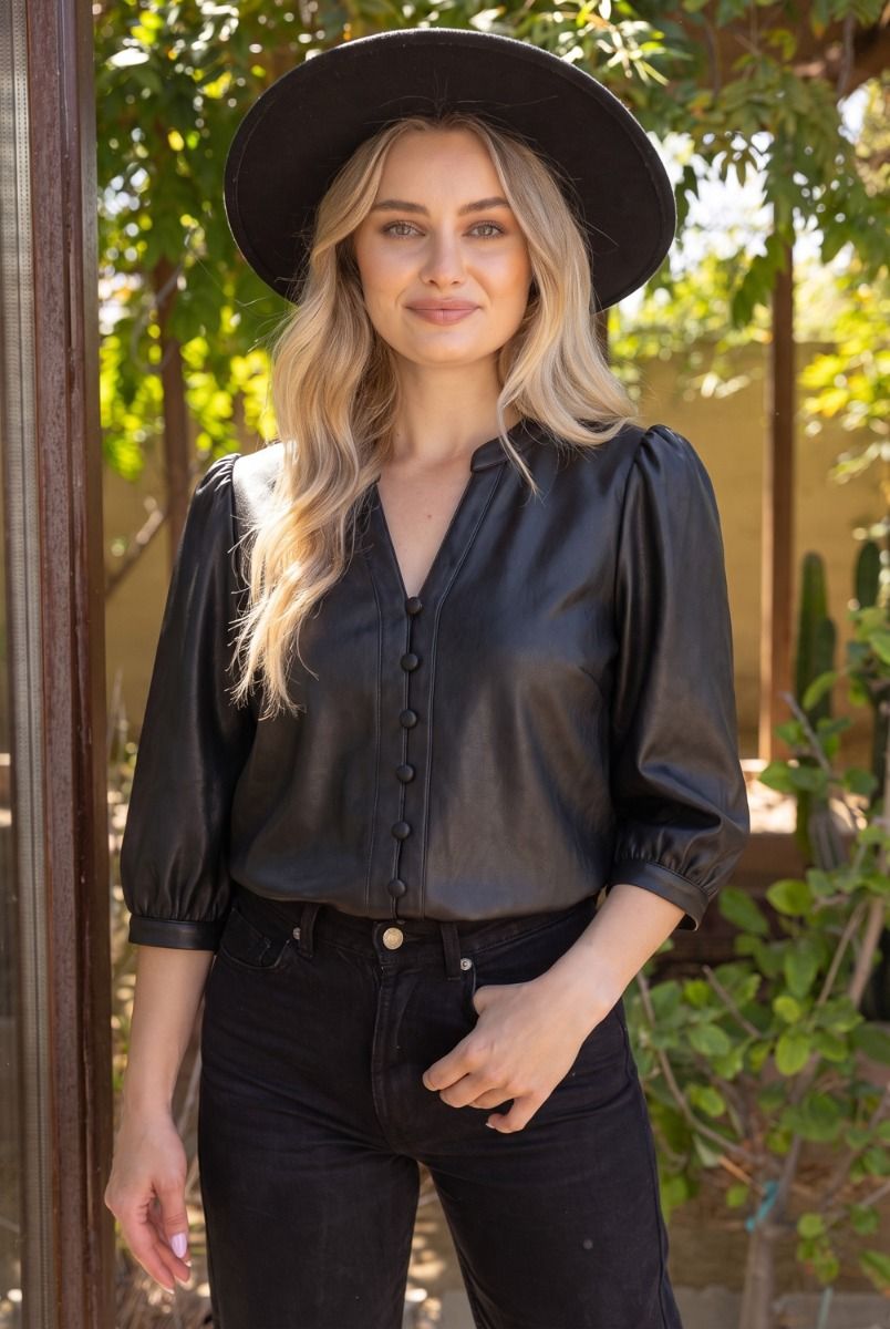 Covered Button Leather 3/4 Puff Sleeve Top Black