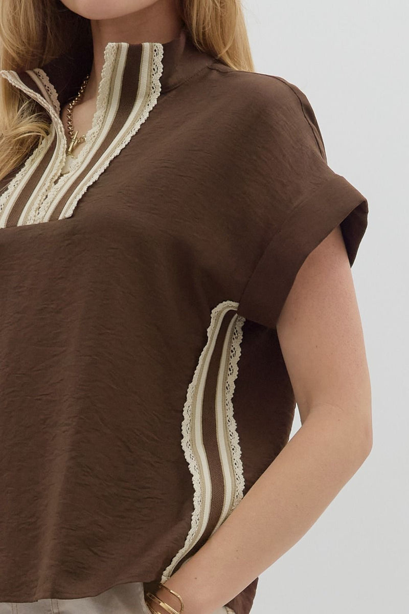 Crochet Edged Band Neckline Pullover Top Brown