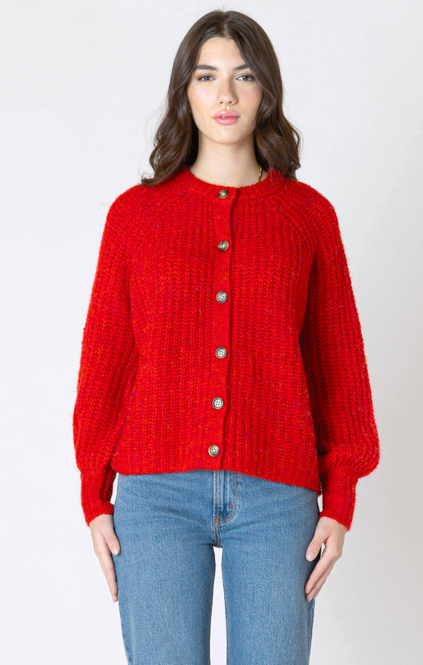 Chunky Knit Button Down Cardigan Candy Red Melange