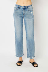 Destructed Detail High Rise Straight Leg Jeans Medium