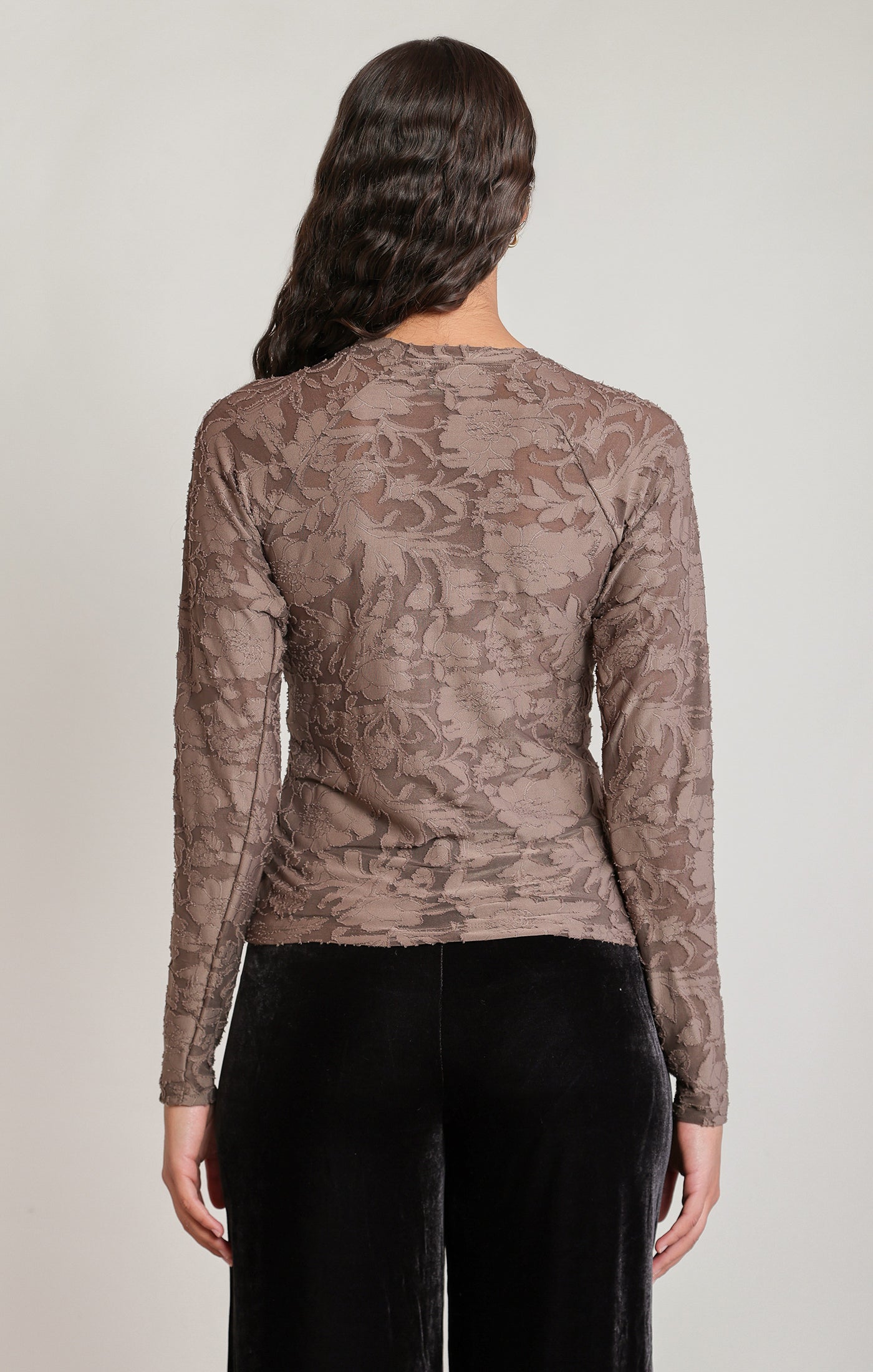Floral Jacquard Sheer Long Sleeve Top Dark Taupe