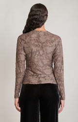 Floral Jacquard Sheer Long Sleeve Top Dark Taupe