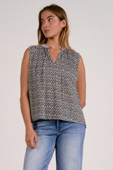 Printed Tie Vneck Flowy Tank Black Zina