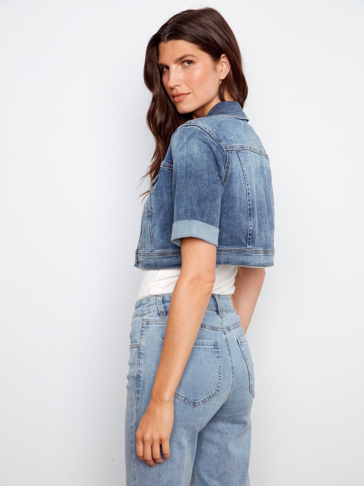 Short Sleeve Crop Denim Jacket Medium Blue
