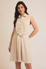 Collar Button Up Waist Tie Mini Dress Cream
