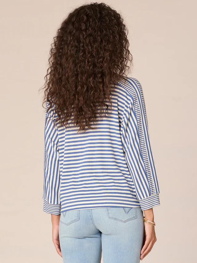 3/4 Dolman Sleeve Mock Neck Stripe Blocked Knit Top Blue + Off White