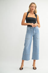 High Rise Cropped Wide Leg Denim Trouser Light Denim
