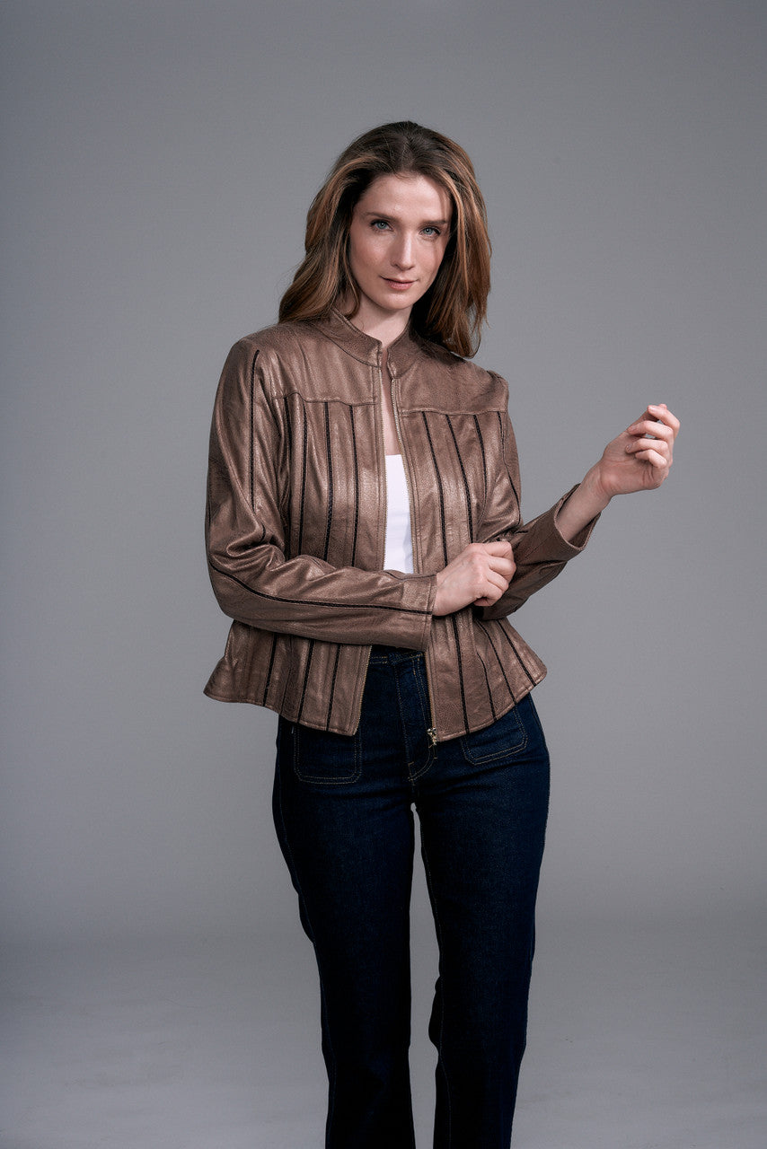 Metallic Vegan Lace Inset Leather Jacket Bronze