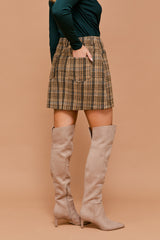 High Waisted Buttoned Plaid Mini Skirt Tan