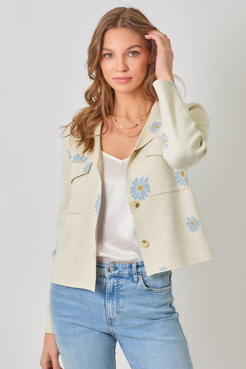 Floral Patterened Sweater Jacket Ivory + Powder Blue