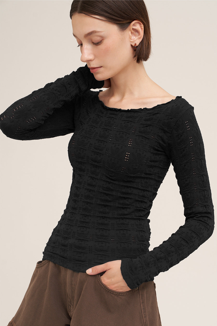 Floral Pointelle Lettuce Edge Long Sleeve Top Black
