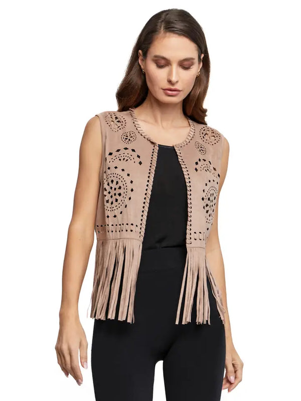 Suede Whipstitch Lasercut Fringe Vest Tan