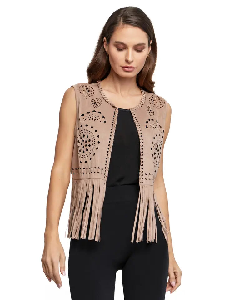 Suede Whipstitch Lasercut Fringe Vest Tan