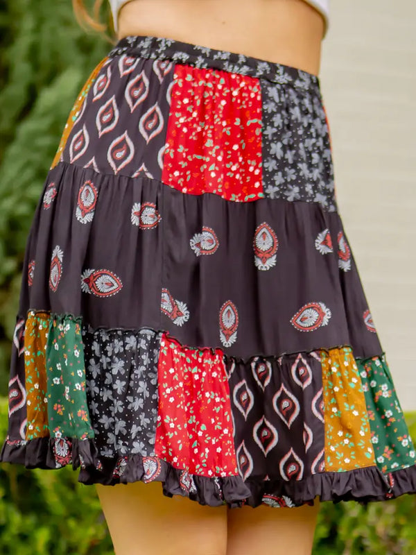 Western Print Patchwork Tiered Mini Skirt Black