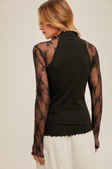 Embroidred Lace Sleeve Mock Neck Top Black