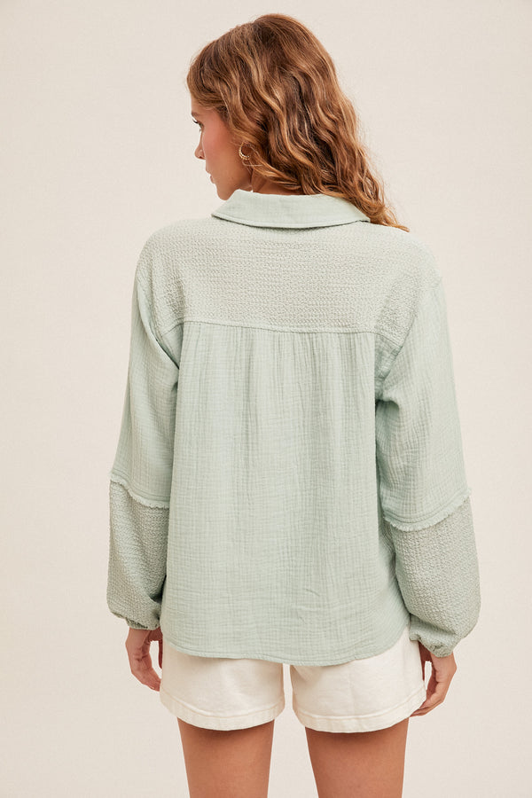 Blouson Sleeve Mixed Gauze Textured Collared Top Seafoam