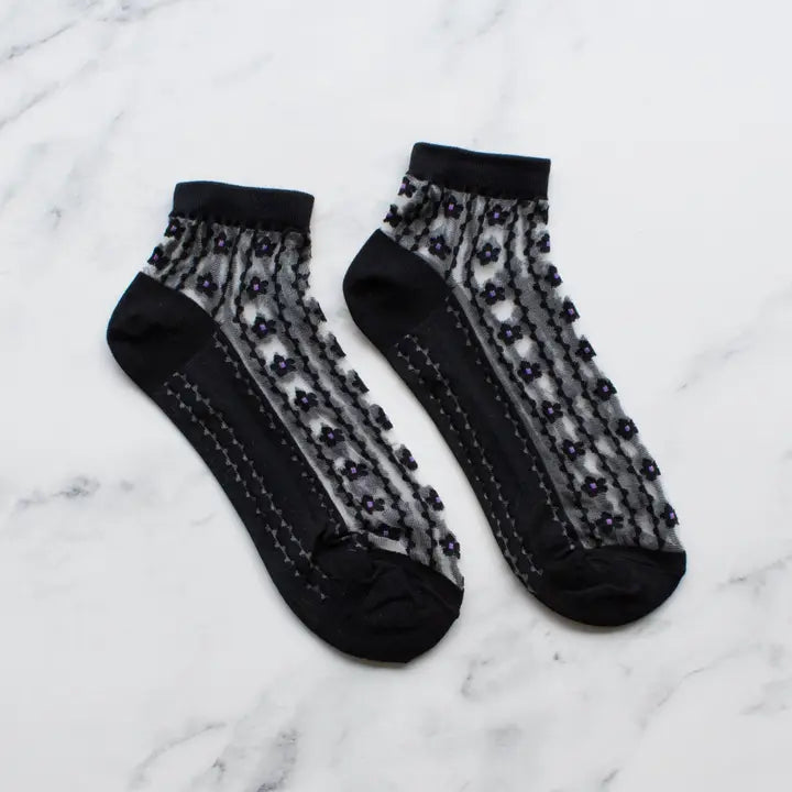Daisy Floral Mesh Ankle Socks Black