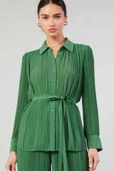 Pleated Button Down Tie Belt Shirt Leaf Green