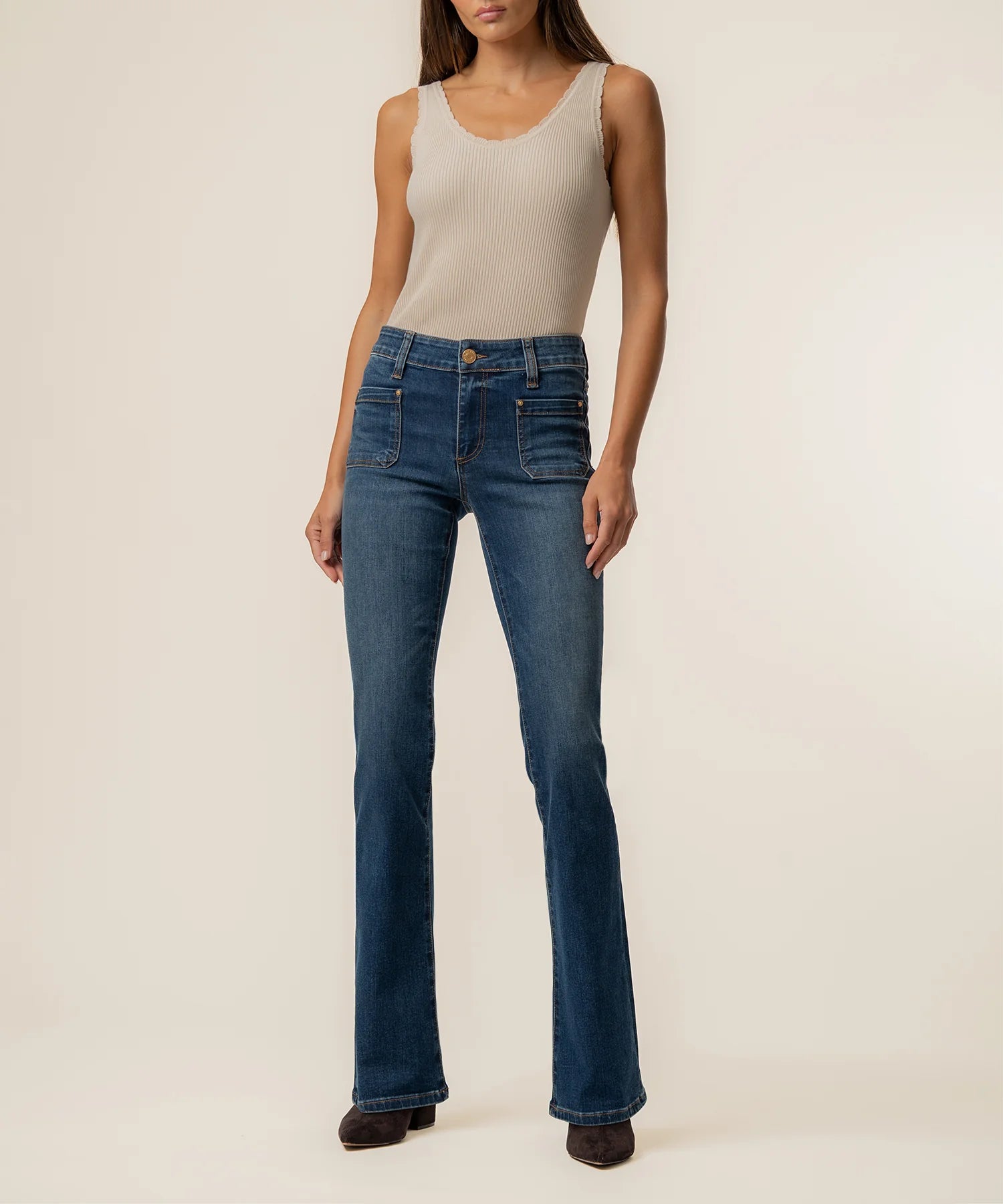 Natalie Mid Rise Patch Pocket Clean Hem Flare Jeans Champ