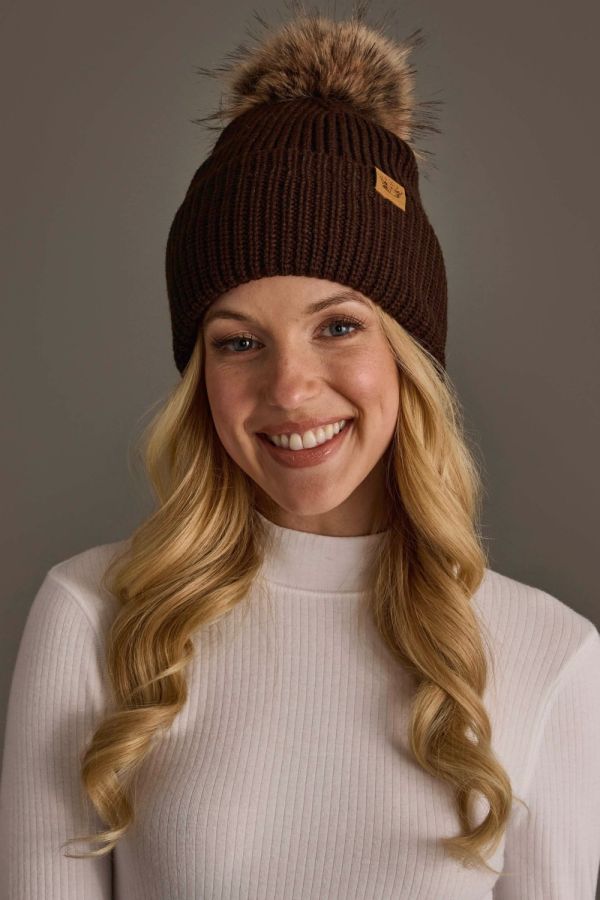 Solid Ribbed Knit Pom Hat Brown