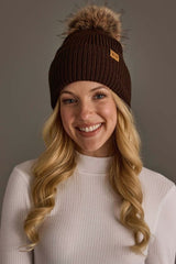 Solid Ribbed Knit Pom Hat Brown