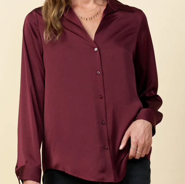 Button Down Satin Blouse Plum