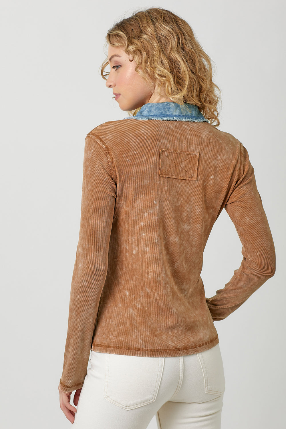 Washed Rib Thermal Denim Collar Button Down Shirt Washed Camel