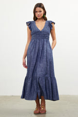 Smocked Bodice Tiered Button Detail Maxi Dress Denim Blue