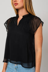 Short Flowy Sleeve Slit Neck Shirring Top Black