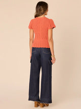 Short Flounce Sleeve Peplum Crochet Sweater Persimmon