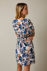 Tied Neckline Floral Elastic Back Mini Dress White Multi