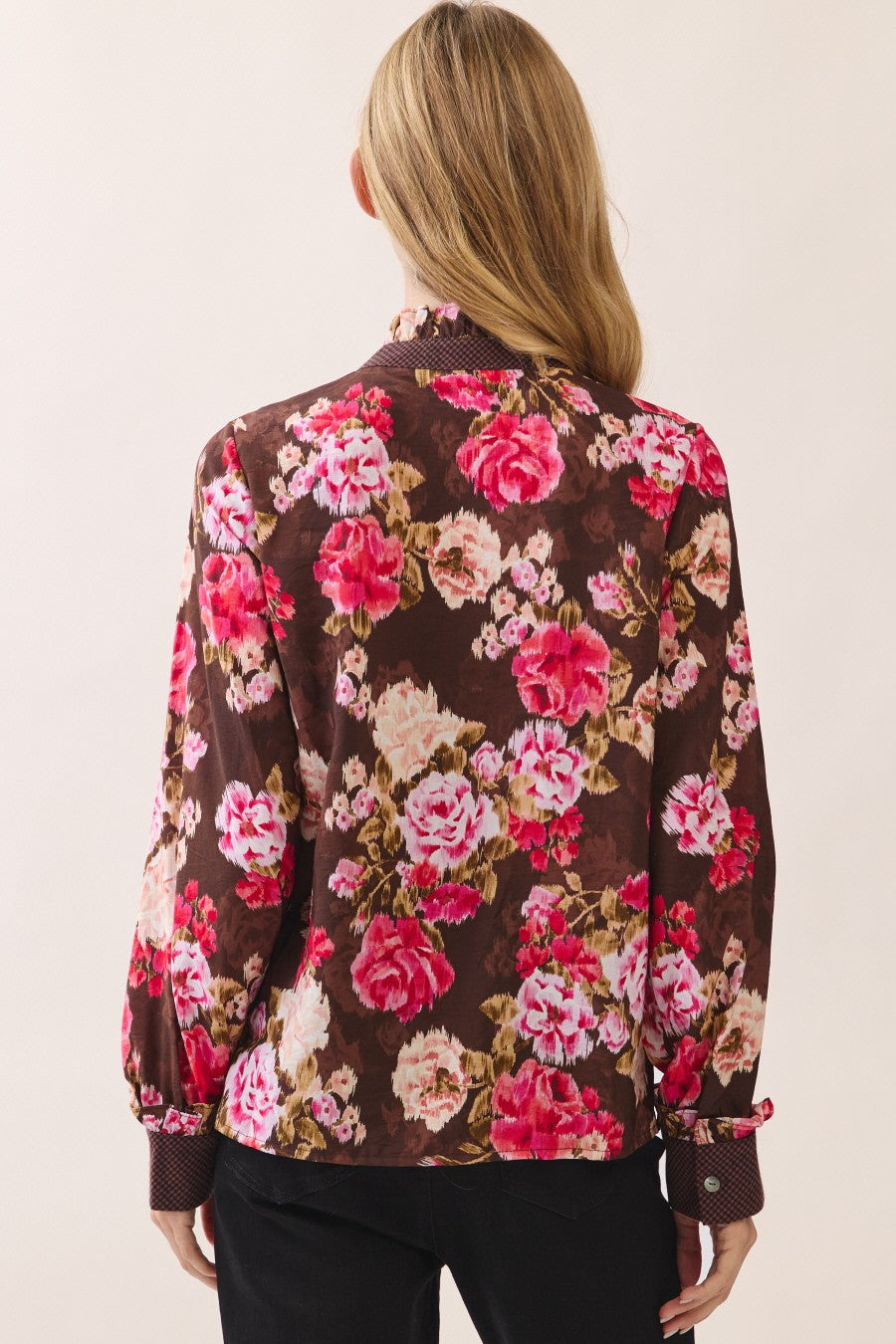 Floral Print Ruffle Mandarin Collar Blouse Rosewood Garden