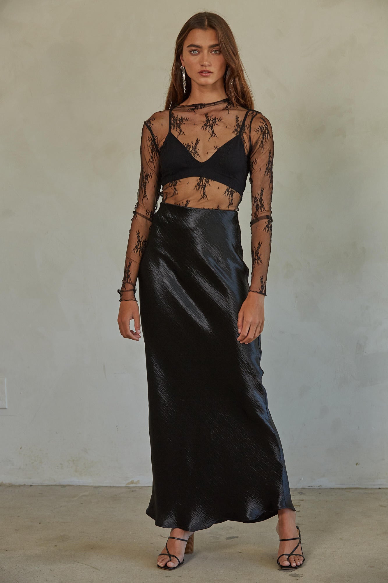 Aubrey Knit Jacquard Lace Mock Neck Top Black