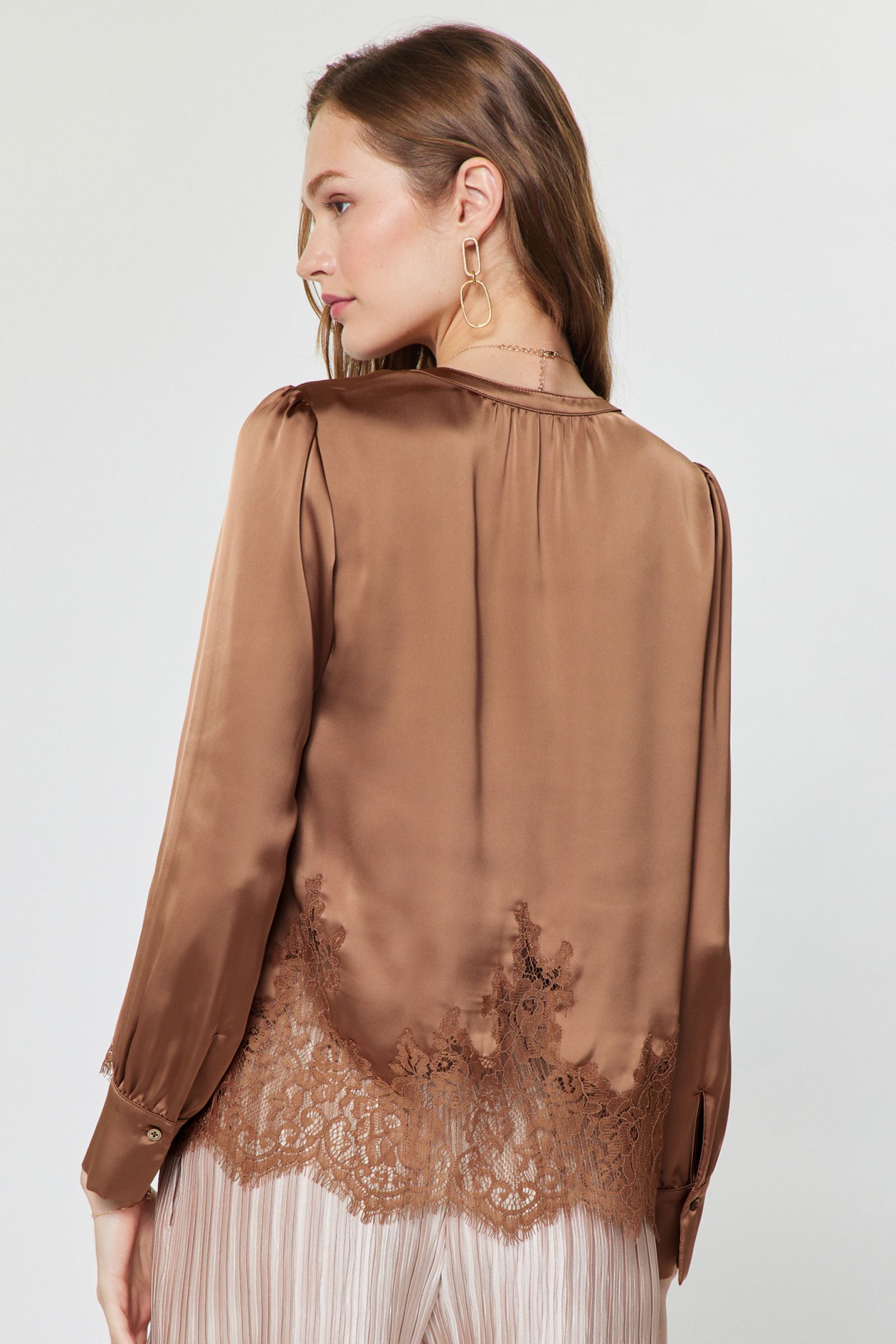 Lace Trim Satin Long Sleeve Blouse Mocha Mousse