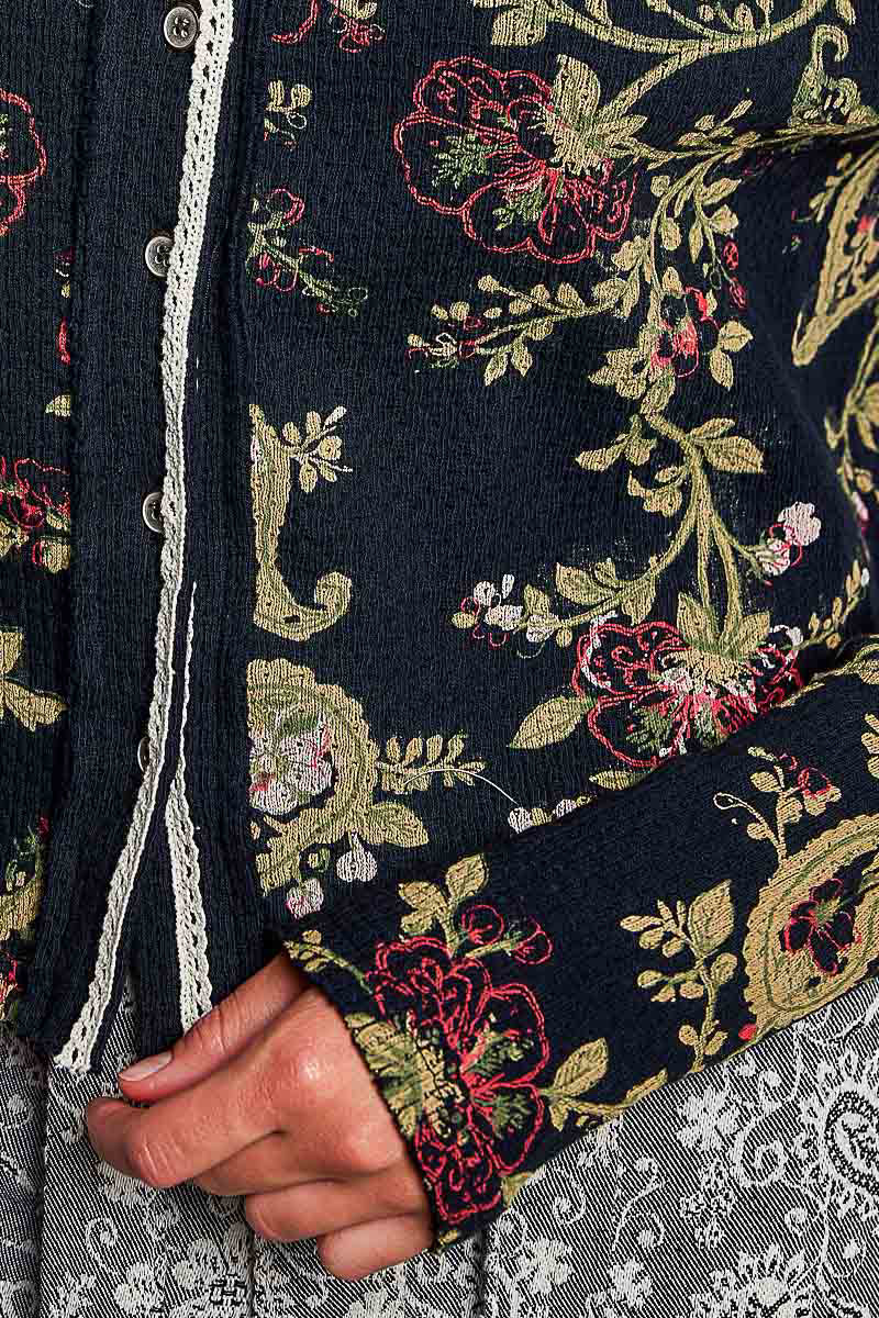 Botanical Cottage Button Detail Top Black