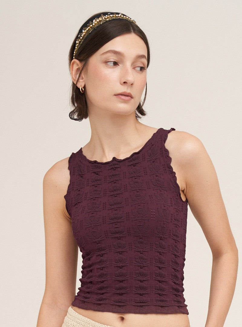 Floral Texture Ruffle Edge Tank Raisin