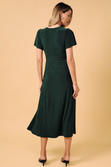 Surplice Flutter Asymmetric Pleats Midi Dress Forest Green
