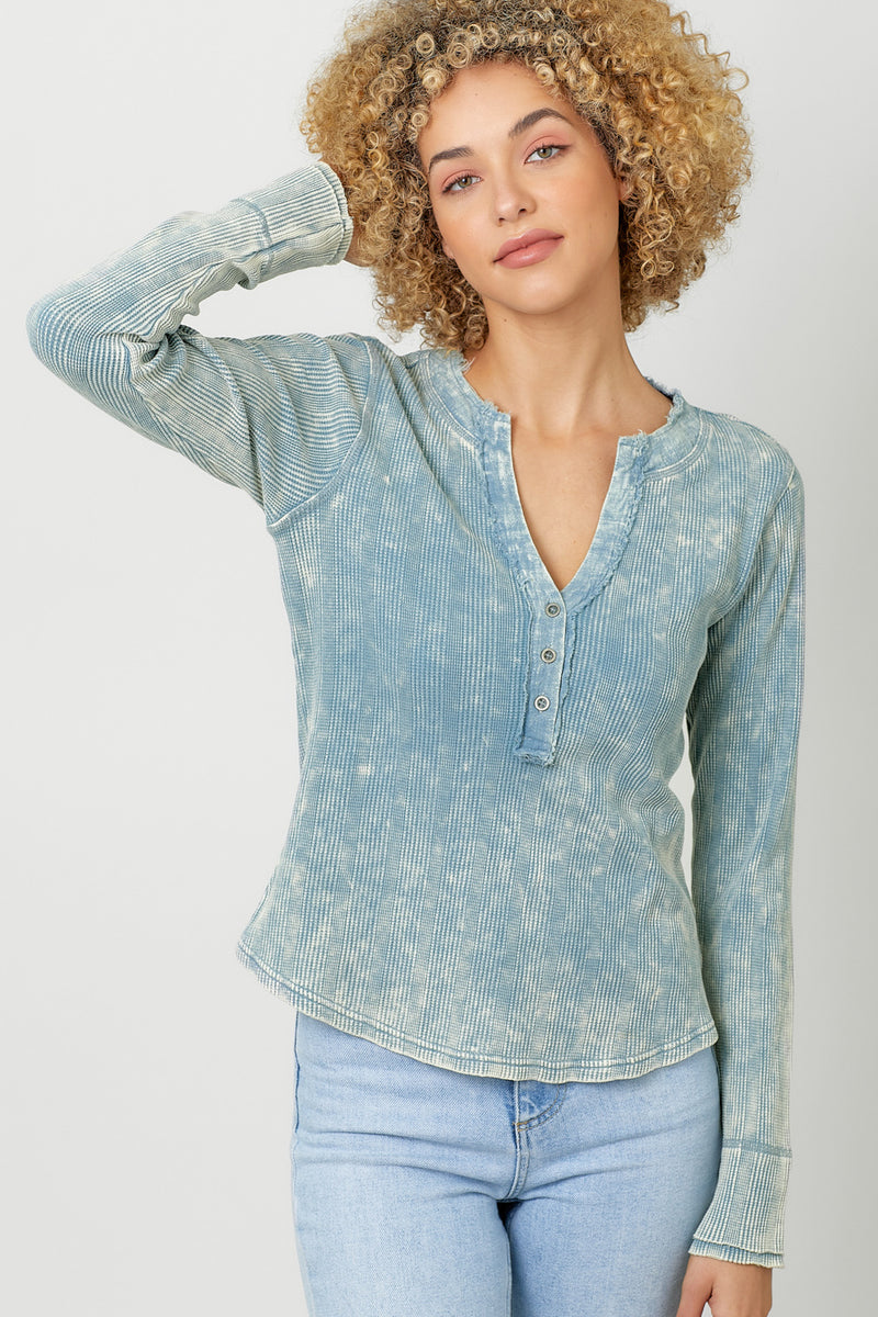 Washed Thermal Henley Top Washed Blue