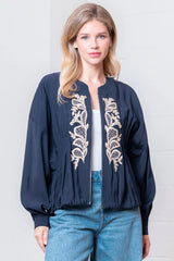Embroidered Smock Detail Balloon Sleeve Jacket Navy