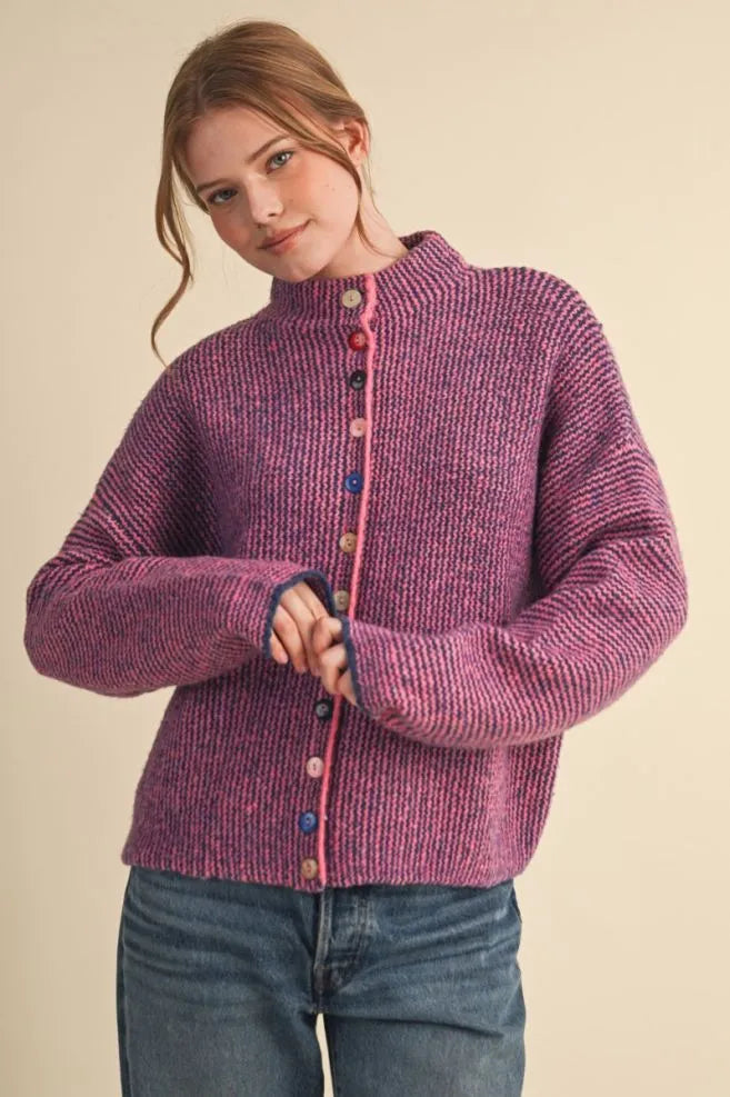Colored Buttons Two Tone Mock Neck Cardi Indigo Coral