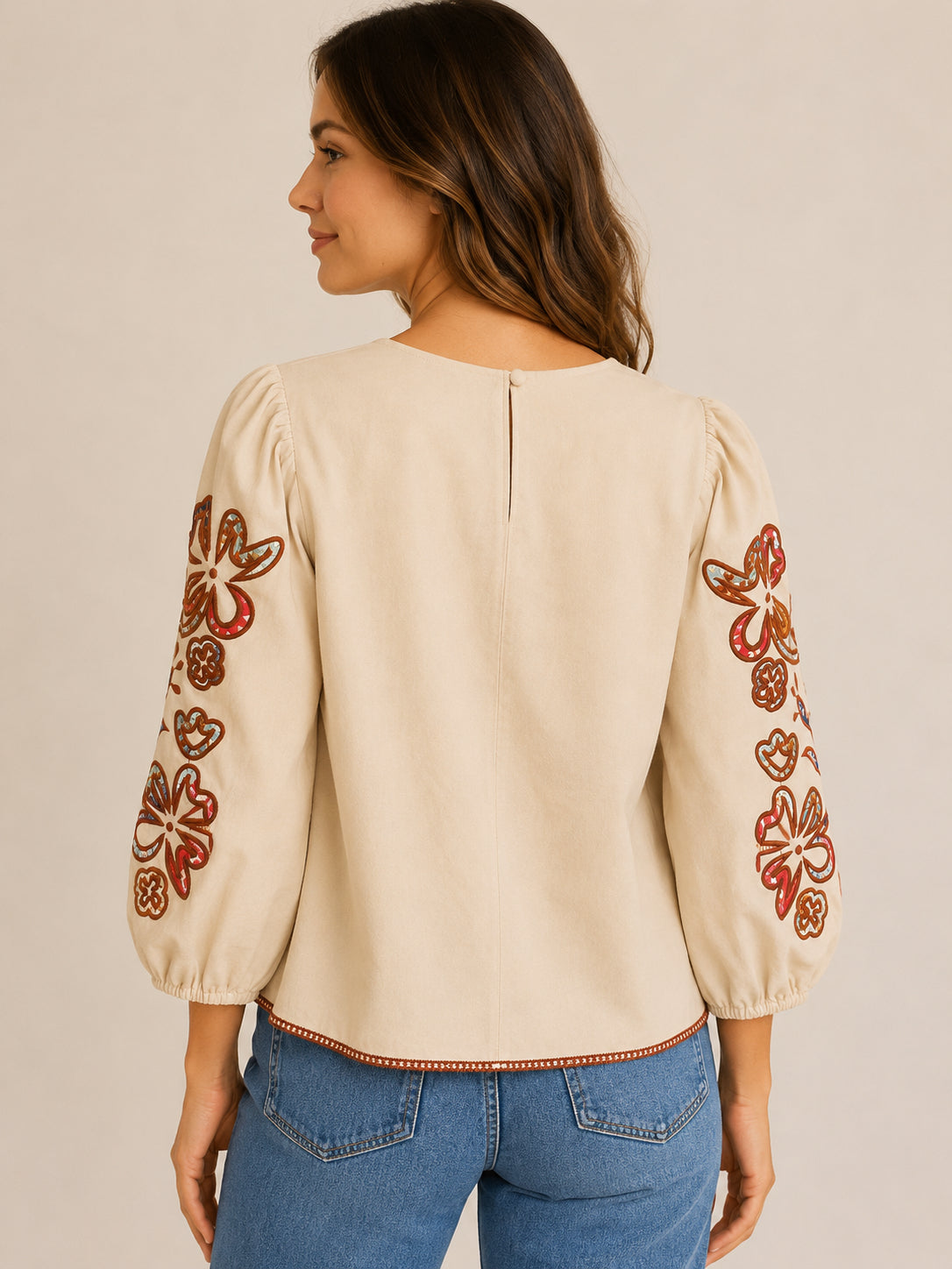 Floral Embroidered Puff Sleeve Top Cream