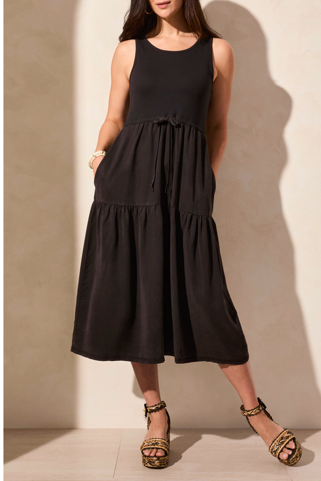 Mix Media Tie Detail Midi Dress Black