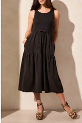 Mix Media Tie Detail Midi Dress Black