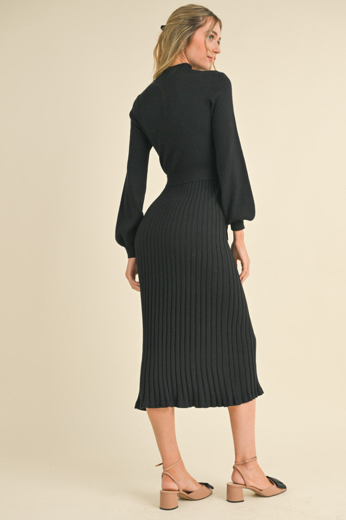 Ribbed Sweater Knit Button Detail Midi Dress Black